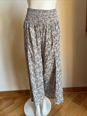 Harem style genie pants Wide Leg Floral Smocked Waist Pants with side slit